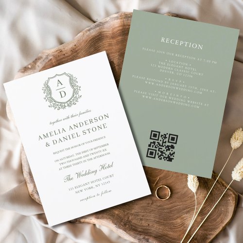 Sage Green Floral Crest Monogram Wedding QR Code Invitation