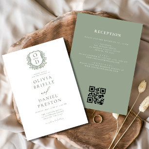 Sage Green Floral Crest Monogram Wedding QR Code Invitation