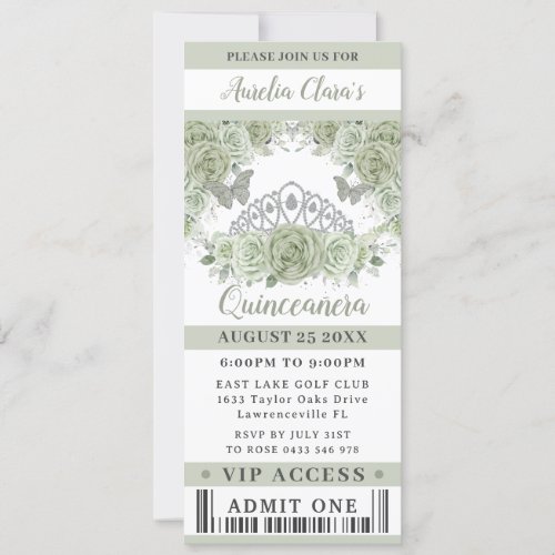 Sage Green Floral Crown Quinceaera VIP Ticket Invitation