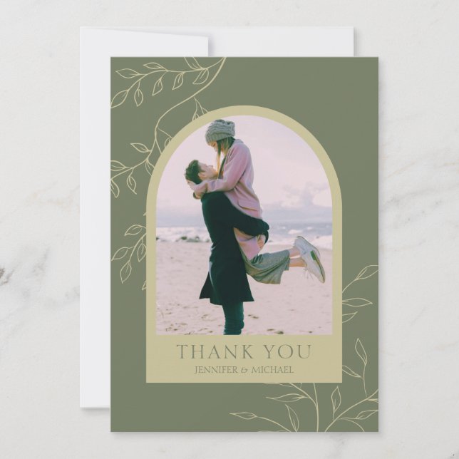 Sage Green Floral Custom Add Photo Frame Wedding Thank You Card (Front)