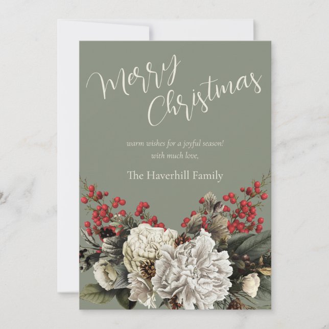 Sage Green Floral Custom Family Name Christmas Holiday Card (Front)