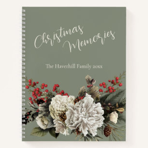 Sage Green Floral Custom Name Christmas Memories Notebook