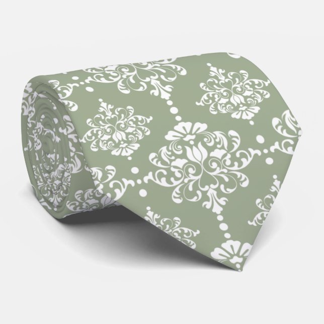 Sage Green Floral Damask Pattern Groomsmen Wedding Neck Tie (Rolled)
