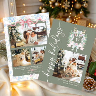 Sage Green Floral Deer Monogram Crest Happy Holiday Card