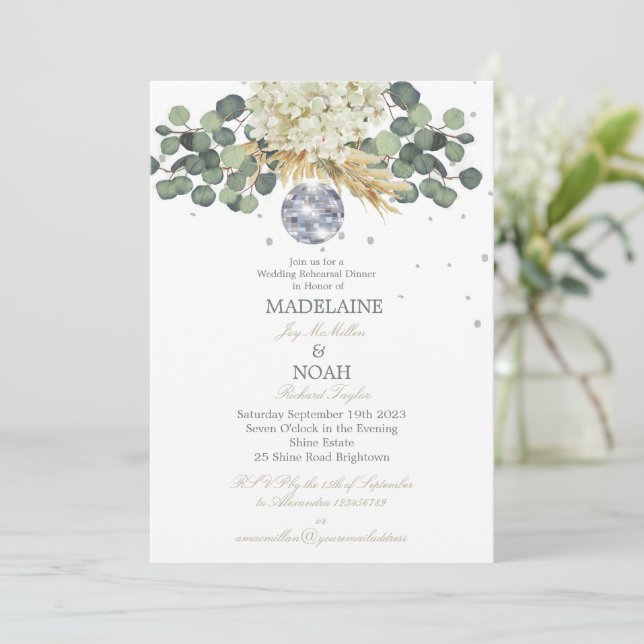 Sage Green Floral Disco Ball Wedding Rehearsal Invitation (Standing Front)