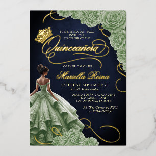 Sage Green Floral Dress Quinceañera Foil Invitation