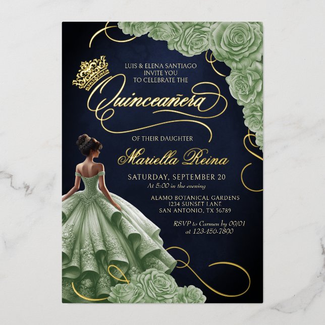 Sage Green Floral Dress Quinceañera Foil Invitation (Front)