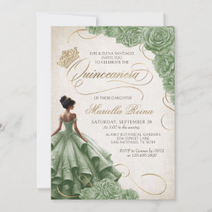 Sage Green Floral Dress Quinceañera Invitation