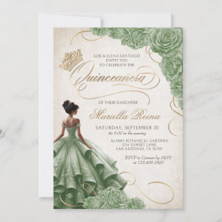 Sage Green Floral Dress Quinceañera Invitation