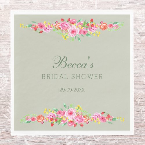 Sage Green Floral Dusty Pink Peony Bridal Shower Napkins