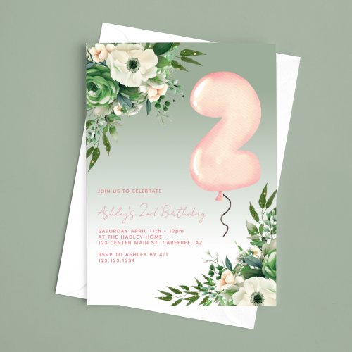 Sage Green Floral Elegant 2nd Birthday Invitation