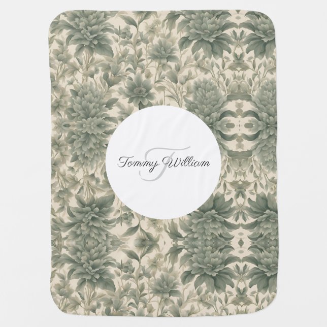 Sage Green Floral Elegant Baby Blanket (Front)
