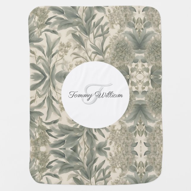 Sage Green Floral Elegant Baby Blanket (Front)