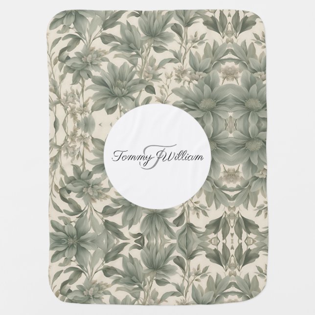 Sage Green Floral Elegant Baby Blanket (Front)