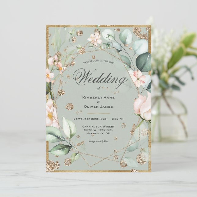 Sage Green Floral Elegant Gold Watercolor Wedding Invitation (Standing Front)