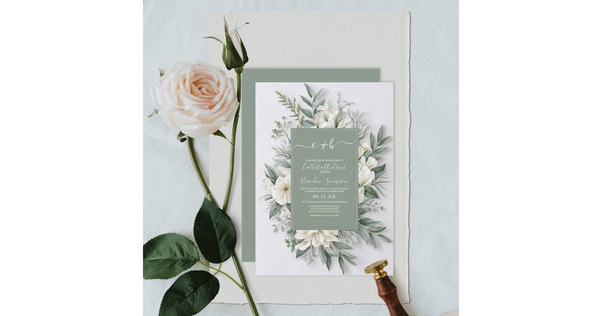 Sage Green Floral Elegant Rustic Wedding Invitation | Zazzle