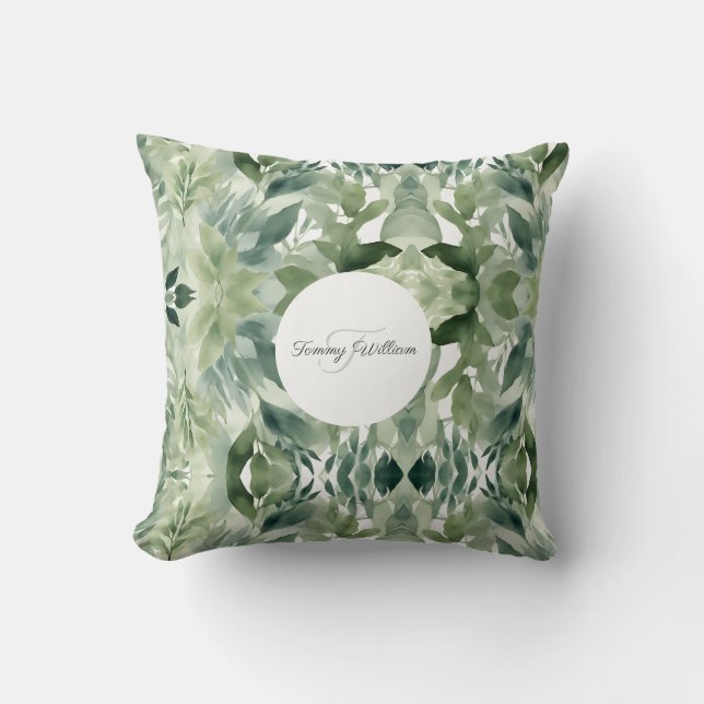  Sage Green Floral Elegant Throw Pillow (Front)
