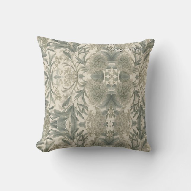 Sage Green Floral Elegant Throw Pillow (Front)