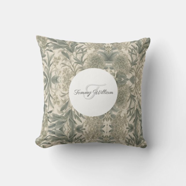 Sage Green Floral Elegant Throw Pillow (Front)