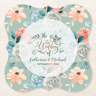 Sage Green Floral Elegant Wedding Calligraphy Paper Coaster
