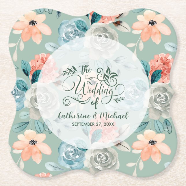 Sage Green Floral Elegant Wedding Calligraphy Paper Coaster (Front)