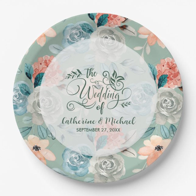 Sage Green Floral Elegant Wedding Calligraphy Paper Plates (Front)
