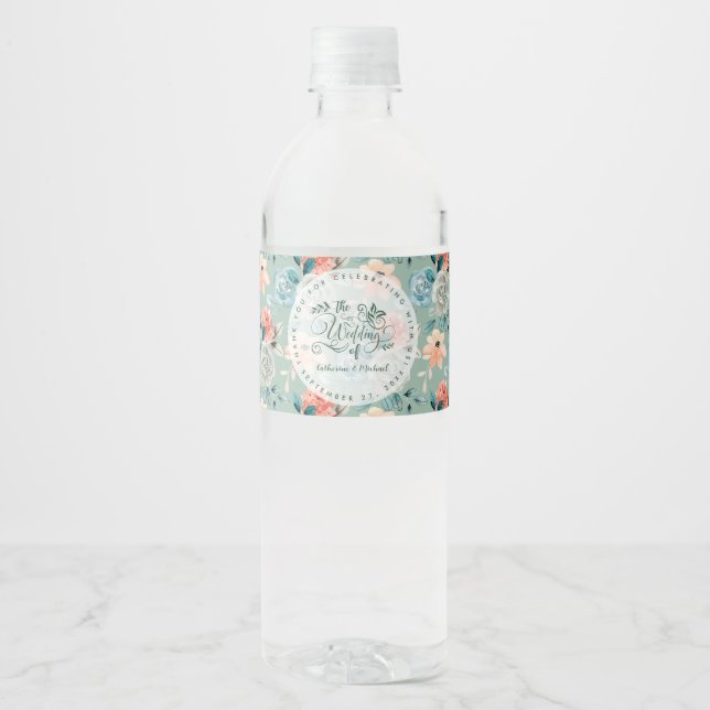 Sage Green Floral Elegant Wedding Calligraphy   Water Bottle Label (Front)