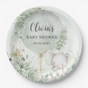 Sage Green Floral Elephant Baby Shower Paper Plates