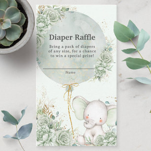 Sage Green Floral Elephant Diaper Raffle Neutral Enclosure Card
