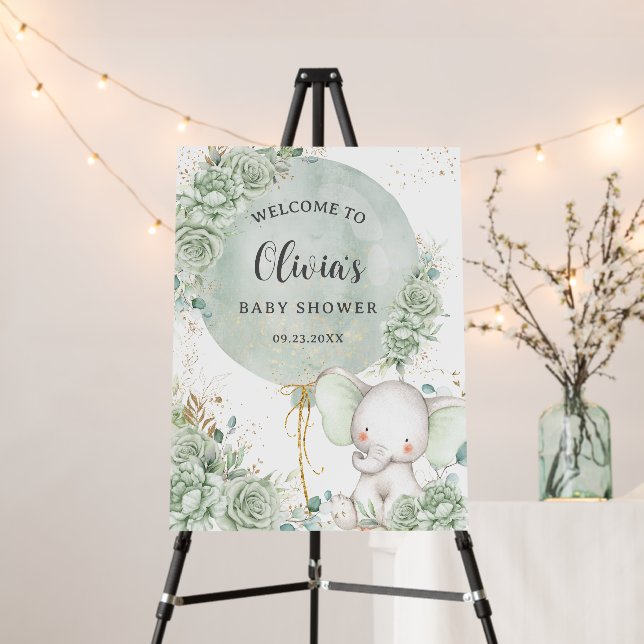 Sage Green Floral Elephant Neutral Baby Shower Foam Board (In Situ (Stand))