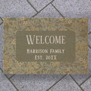Sage Green Floral Family Name Established Welcome  Fiber Doormat
