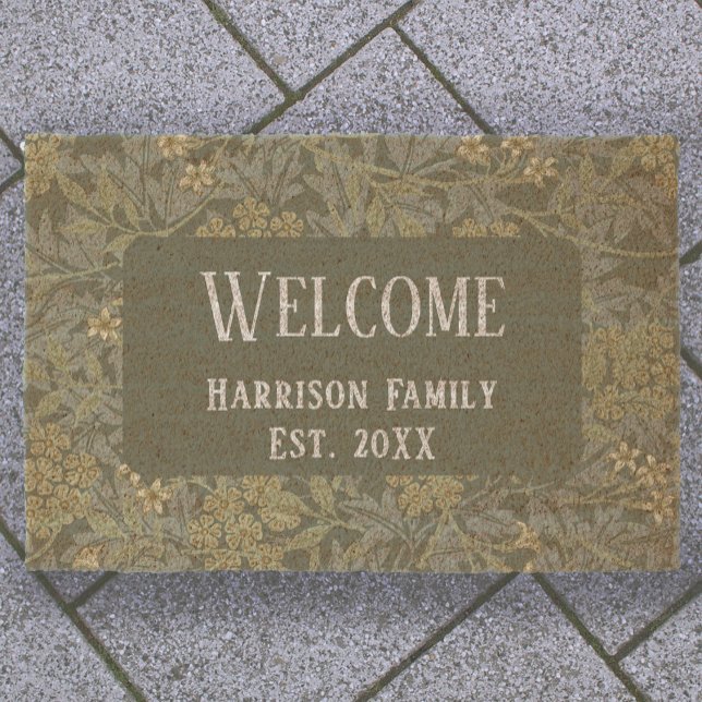 Sage Green Floral Family Name Established Welcome  Fiber Doormat (Creator Uploaded)