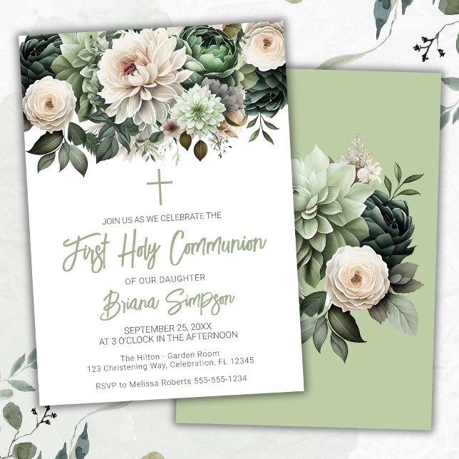 Sage Green Floral First Holy Communion Invitation (Creator Uploaded)