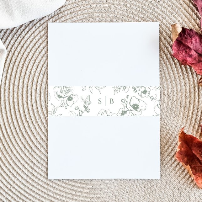 Sage Green Floral Garden Monogram Wedding Invitation Belly Band (Creator Uploaded)