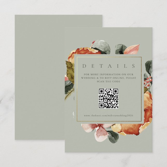 Sage Green Floral Garden QR Wedding Website  Enclosure Card (Front/Back)