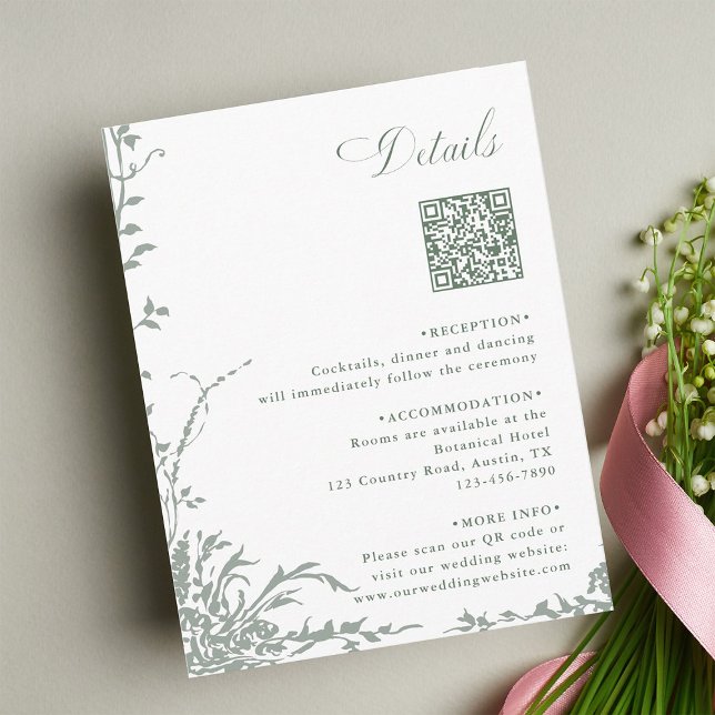 Sage Green Floral Garden Wedding QR Code Details Enclosure Card (Creator Uploaded)