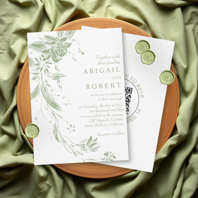 Sage green floral garland QR code wedding Invitation (Creator Uploaded)