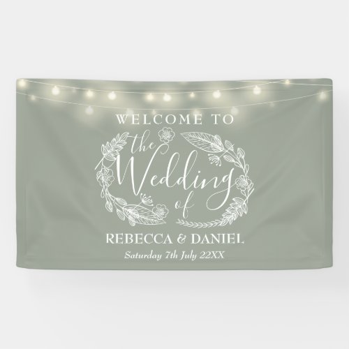 Sage Green Floral Garland Script Wedding Banner
