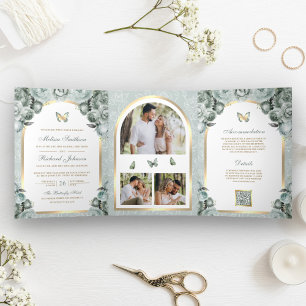 Sage Green Floral Gold Arch Butterfly Wedding Tri-Fold Invitation