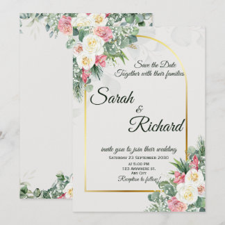 Sage Green Floral Gold Arch Wedding Invitation