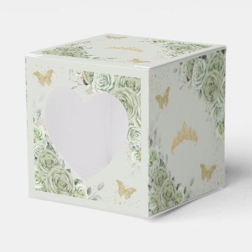 Sage Green Floral Gold Butterflies Quince XV Mini Favor Boxes