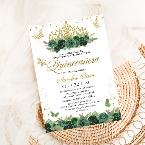 Sage Green Floral Gold Butterflies Quinceaera Invitation