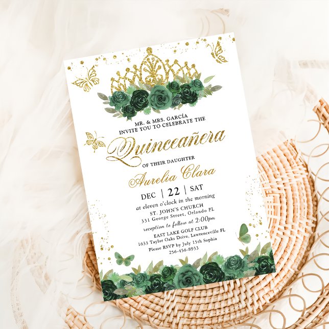 Sage Green Floral Gold Butterflies Quinceañera Invitation (Creator Uploaded)