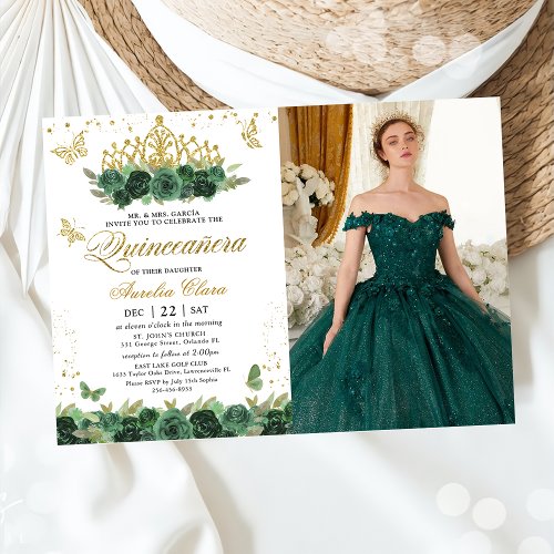 Sage Green Floral Gold Butterflies Quinceaera Invitation