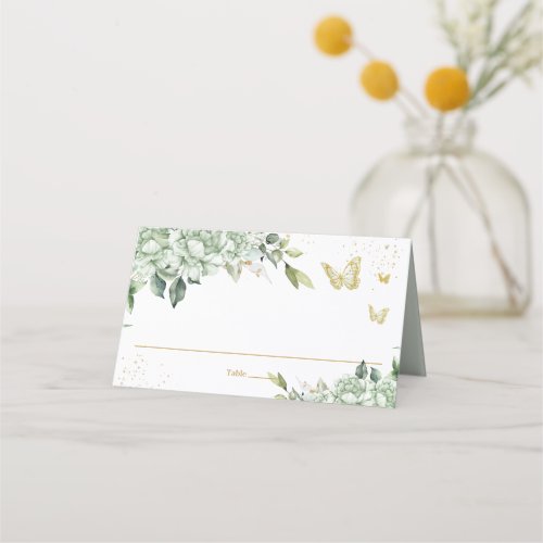 Sage Green Floral Gold Butterflies Quinceaera Place Card