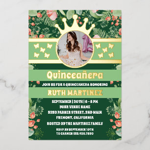 Sage Green Floral Gold Butterfly Quinceanera Photo Foil Invitation