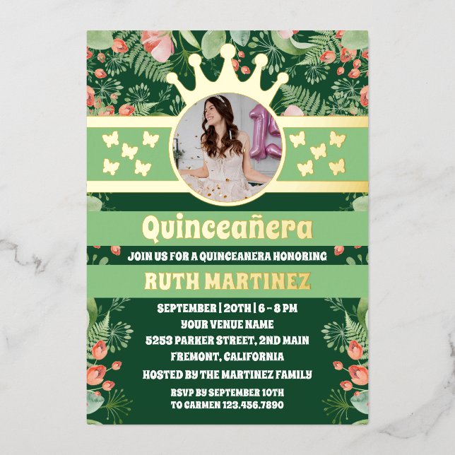 Sage Green Floral Gold Butterfly Quinceanera Photo Foil Invitation (Front)