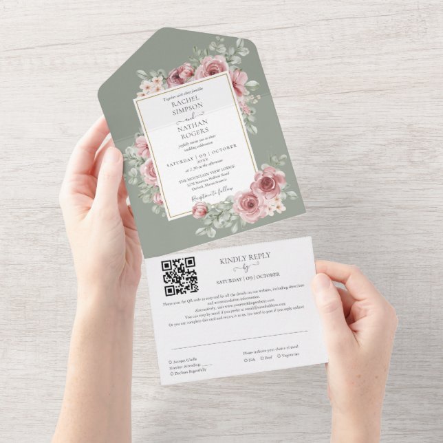 Sage Green Floral Gold Geometric QR Code Wedding All In One Invitation (Tearaway)