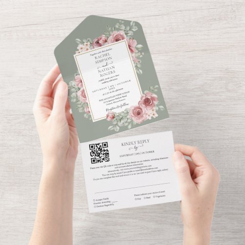 Sage Green Floral Gold Geometric QR Code Wedding All In One Invitation