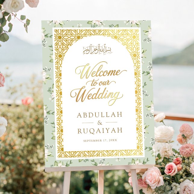 Sage Green Floral Gold Muslim Wedding Welcome Sign (Creator Uploaded)